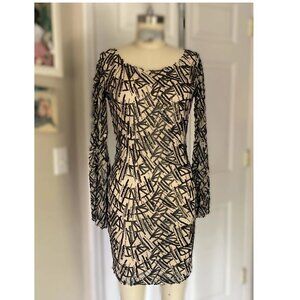 JOYCE LESLIE Y2K Nude sequin Sequined Low Back MINI Wiggle bodycon Dress *SMALL*